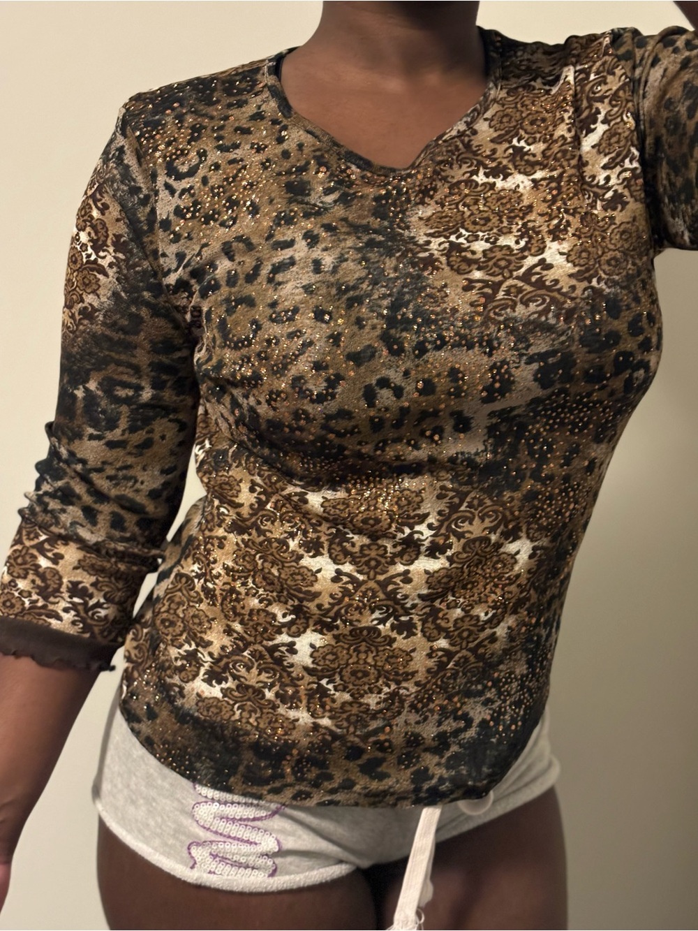 Olsen Europe Women’s Brown Patterned Quarter Sleeve Top - Floral & Leopard Mix
